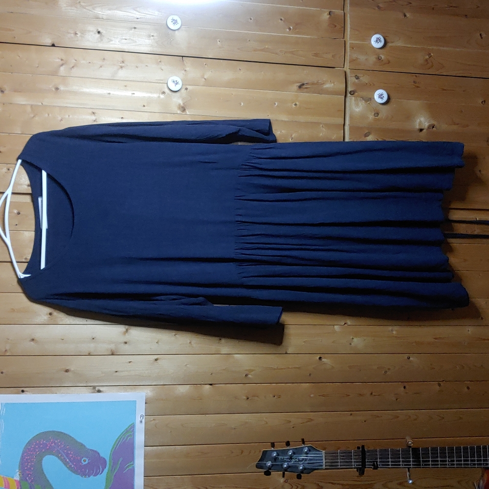 Navy linen loose dress with pocket